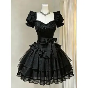 2026 Sweet Kawaii Lolita Cake Dress Women Japanese Vintage Lace Bow Ruffle Dress Harajuku Y2k Slim Bandage Dress Summer Fashion