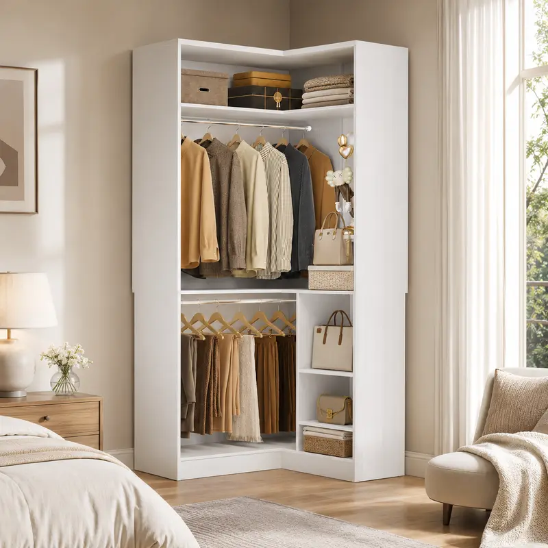 Corner Closet System with 2 Hanging Rods,Freestanding L-Shaped Walk-in Organizer Wardrobe with Shelves for Small Closet,dorm essentials,home decor
