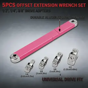 Pink Offset Extension Wrench Set,  Impact Ready Offset Extension Wrench SetOff Set Extension Wrench 15.4" with 1/4",3/8",1/2" Square Drive Adapters and 1/4" Socket Offset Ratchet Extension for Tight Spaces