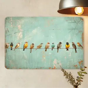 Vintage Bird Metal Tin Sign Rustic Wall Art With Colorful Birds On Wire Distressed Green Background For Home Office Cafe Decor