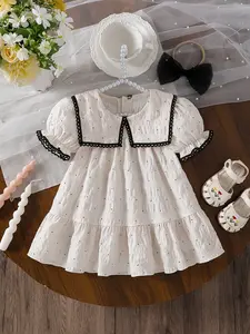 Summer exquisite dress for baby girls, retro polka dot sweet school style, baby girl polka dot doll collar dress, black lace edge+bubble sleeves+bow decoration, Valentine's Day gift, suitable for kindergarten dressing, family gatherings, Baby Clothing