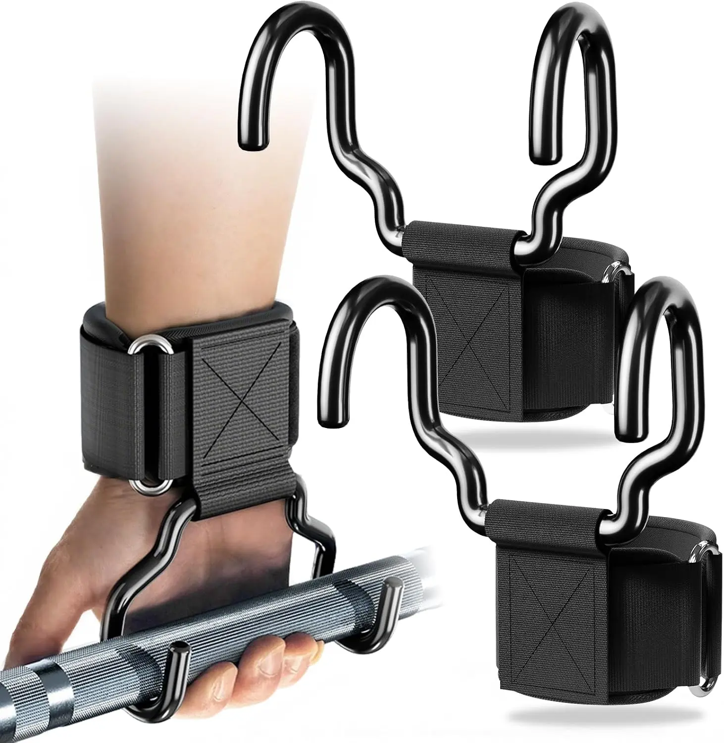 Weightlifting Hooks Heavy Duty – Deadlift Pull Up Power Straps | Upgraded heavy-duty steel hooks with wrist straps. Maximizes grip for deadlift, pull-up & powerlifting shrugs