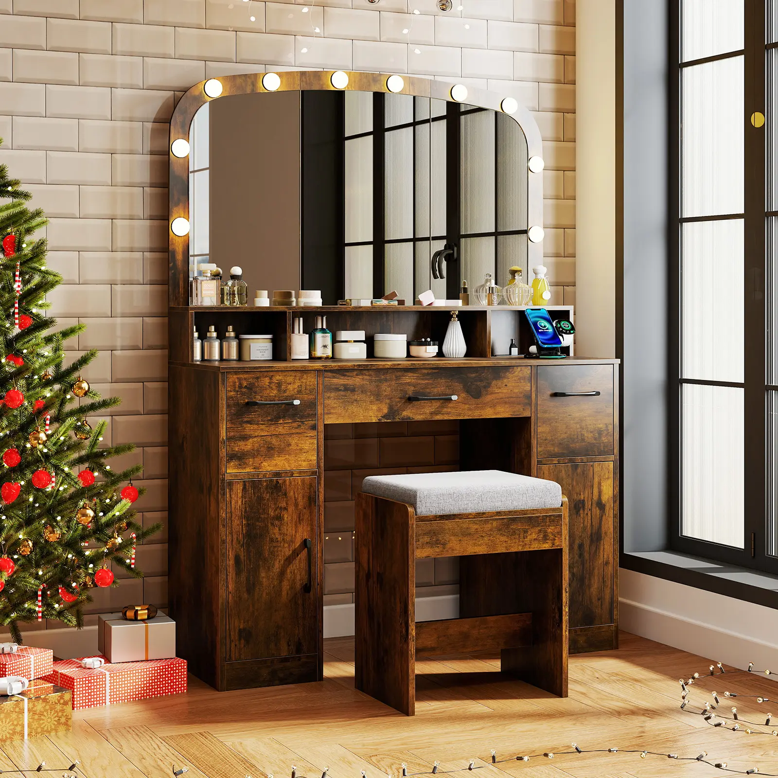 COSTWAY - Vanity Desk Makeup Table with Stool 3-Color Lights and Charging Station-Rustic Brown