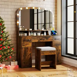 COSTWAY - Vanity Desk Makeup Table with Stool 3-Color Lights and Charging Station-Rustic Brown