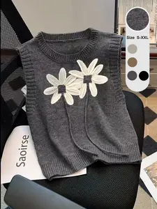 Trendy Casual Sleeveless Knitted Crewneck Vest for Women, Elegant Layered Design with 3D Flower Pattern, Perfect for Spring and Autumn Fashion