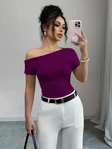 1 Pc women's Asymmetrical Shoulder Top, Short Sleeve Slim Fit Elastic T-Shirt, Perfect for Work, Date Night, Vacation, Summer Wear