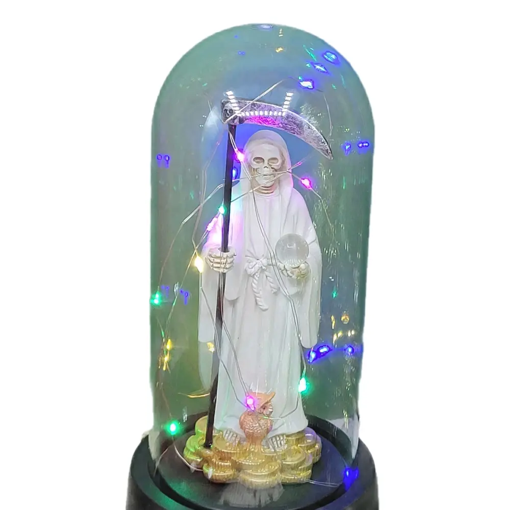Santa muerte 9” white color Statue in Globe With Multicolored Based Lights Decor Religious Ornaments Decoration