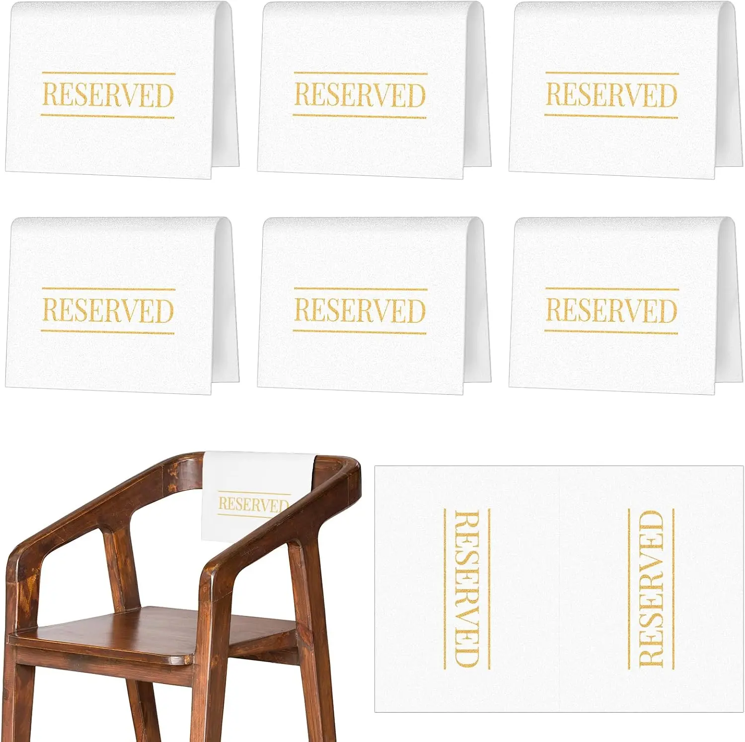 6 Pcs Reserved Seating Chairs Signs Church Pew Reserved Signs Thick Dual-sided Printing Placeholder with Printed Words for Weddings Parties Celebrations Receptions or Event (White,Gold)