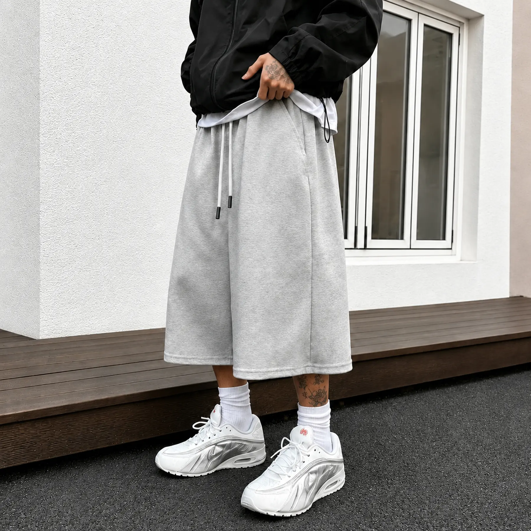 Mens Capri Sweatpants Relaxed Fit Cropped Joggers Drawstring Waist Wide Leg Lounge Pants Summer Streetwear Gym Workout Casual Travel Daily Wear Three Quarter Length Pants With Pockets Easy Movement For Athletic Casual Looks Gym Trousers