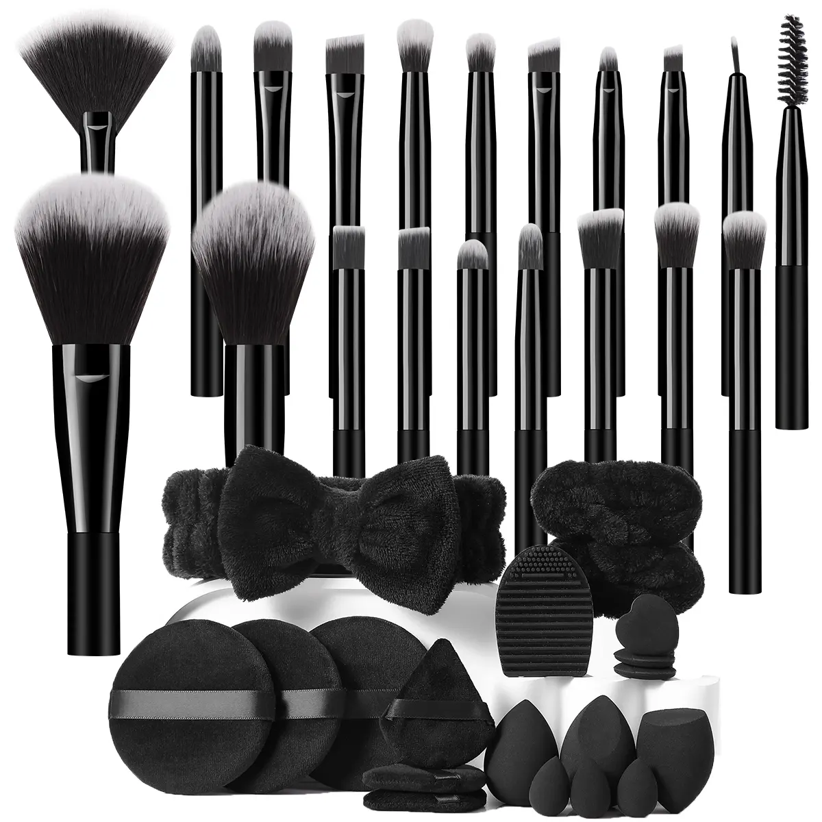 39-Piece All-In-One Makeup Brush Set, Soft Face Fan & Eyelash Brushes with Beauty Sponges, Triangle Powder Puffs, Plush Bow Headband and Silicone Brush Cleaning Pad, Complete Makeup Tools Kit for Beginners Daily Travel