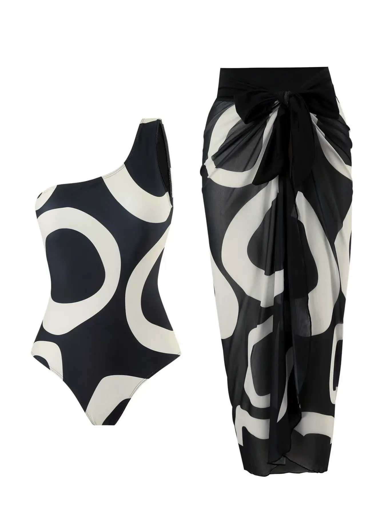 Summer Bohemian Geometric Print Two-Piece Swimsuit Set, Colorblock One-Piece Swimwear & Sheer Skirt, Beach Vacation Women's Bathing Suit, Skirted Bathing Suit, Modest Swimsuits, Skirt Style Swimsuit, Swimsuit With Skirt, Boho Swimsuit
