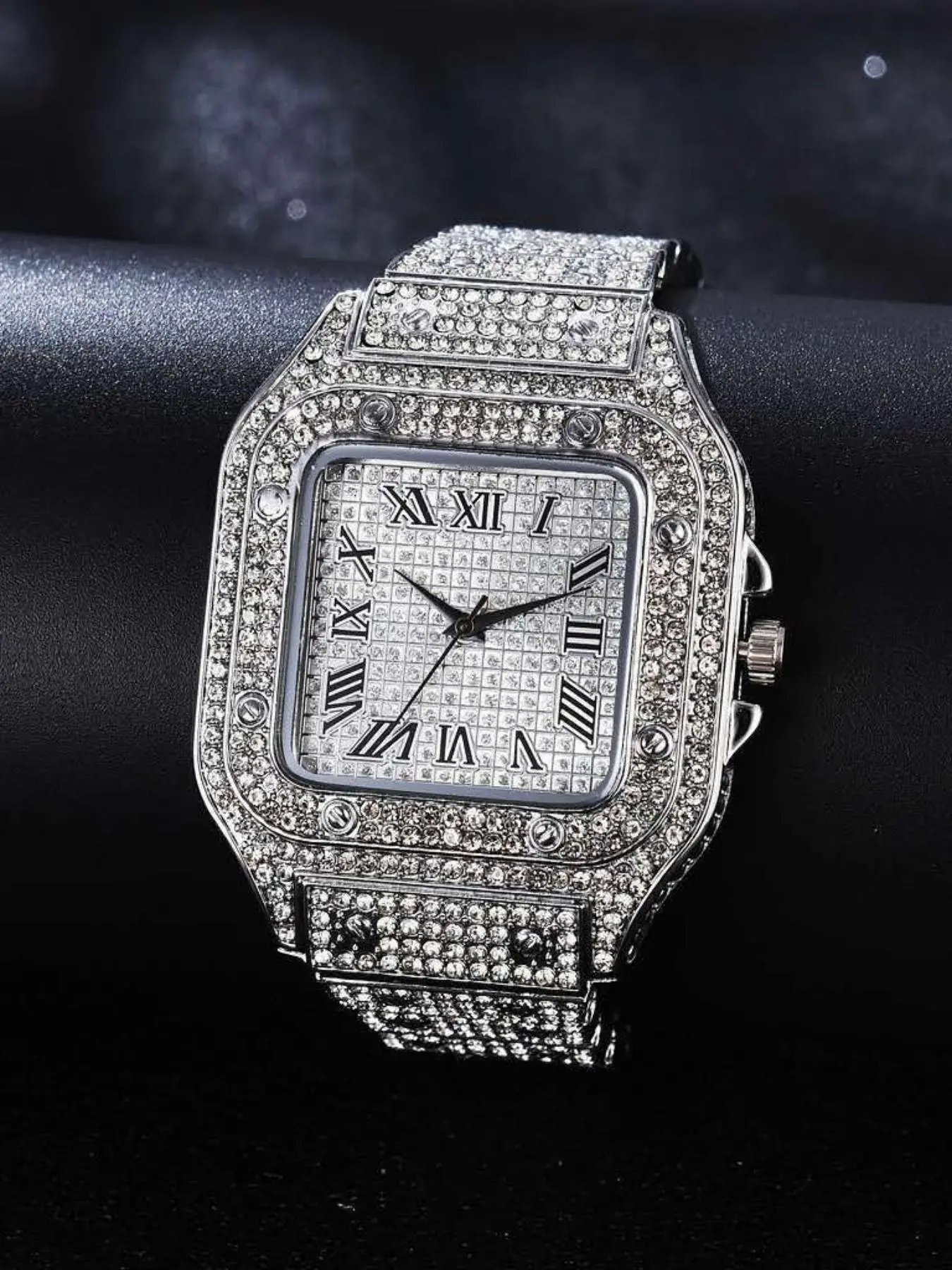 Men's Luxury Rhinestone Decorated Elegant Square Dial Analog Quartz Watch, Fashion Classic Watch For Gift, Without Box, Rhinestone Watches, Square Dial Wristwatch, Rhinestone Embellished Watch