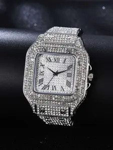 Men's Luxury Rhinestone Decorated Elegant Square Dial Analog Quartz Watch, Fashion Classic Watch For Gift, Without Box, Rhinestone Watches, Square Dial Wristwatch