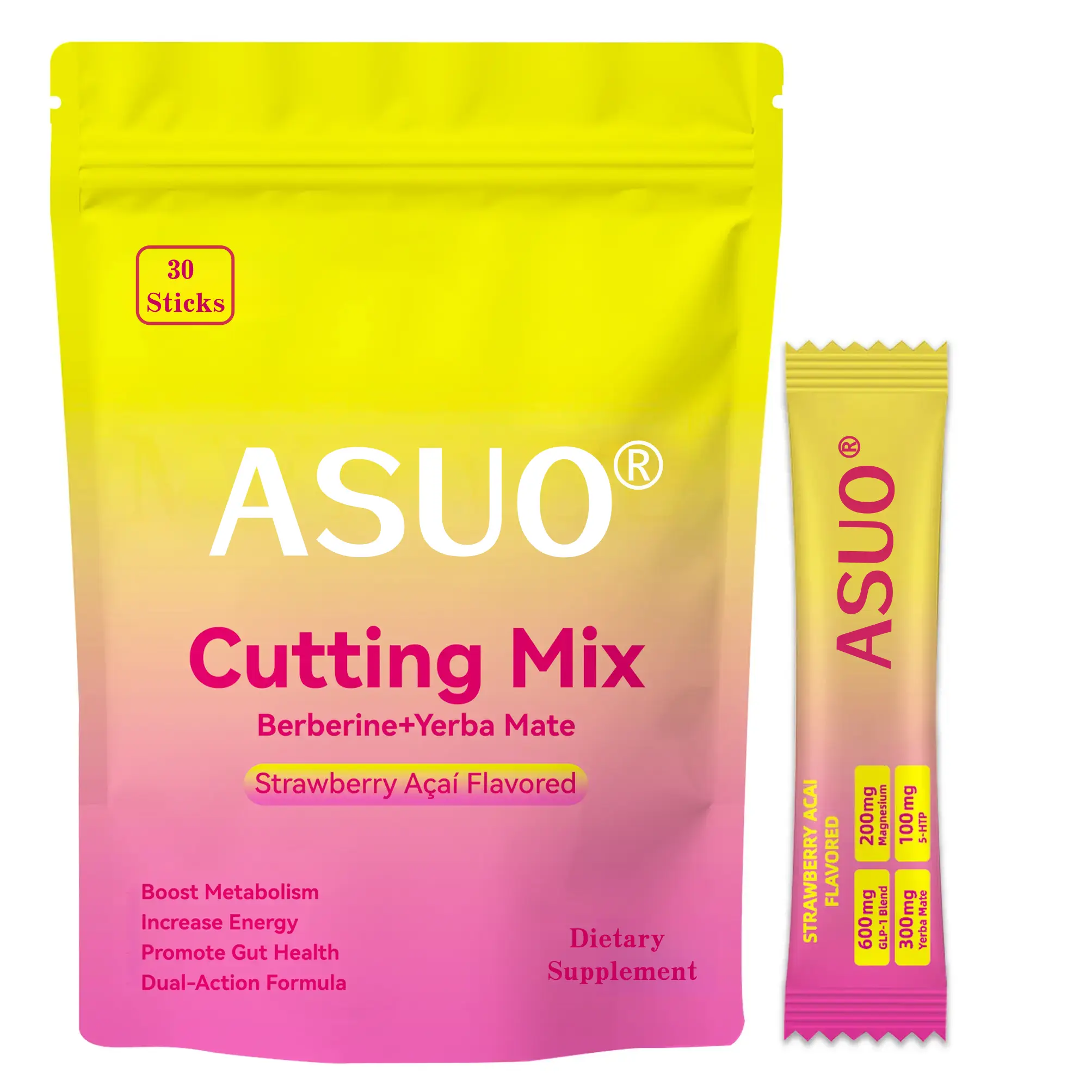 ASUO Organic Strawberry Acai Cutting Powder Mix Sticks - Berberine, Yerba Mate, Metabolism Boost, Energy Support, Fitness Diet Supplement, Weight Losing Products, 30 Count for Gym Goals, Organic Blend