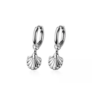 CZ Crystal Seashell Dangling Huggie Hoop Earrings - Pair - 316L Stainless Steel