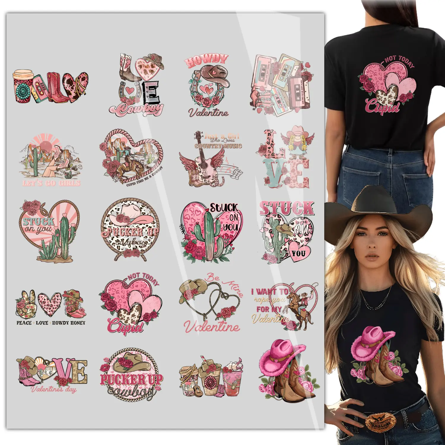 20sheet Retro Howdy Valentines Bundle| Western Cowboy Iron On Transfer T-Shirt Stickers Iron Heat Transfer Direct to Film Transfer DTF Transfers DTF transfers ready to press for T-Shirt /bag/Pillow