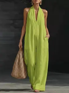2026 Summer New Solid Color Casual One-Piece Dress, Sleeveless Halter V-Neck Women's Clothing, Womenswear, Trendy, Chic and Comfortable Design