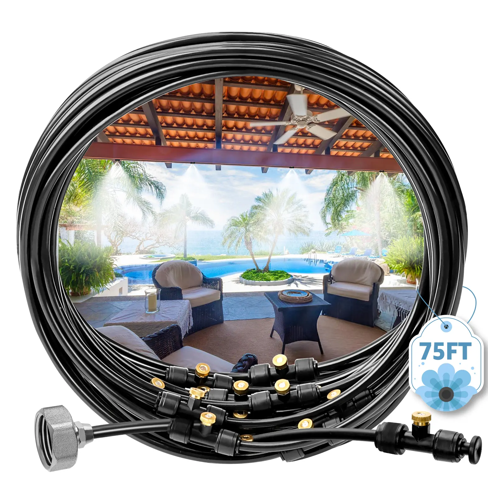MIXC 75FT Outdoor Misting Cooling Irrigation System - Pre-Assembled Patio Mister Kit with 23 Brass Nozzles, Faucet with Brass Adapter, Sprayers, Instant 73°F Cooling for Backyard, Pergola