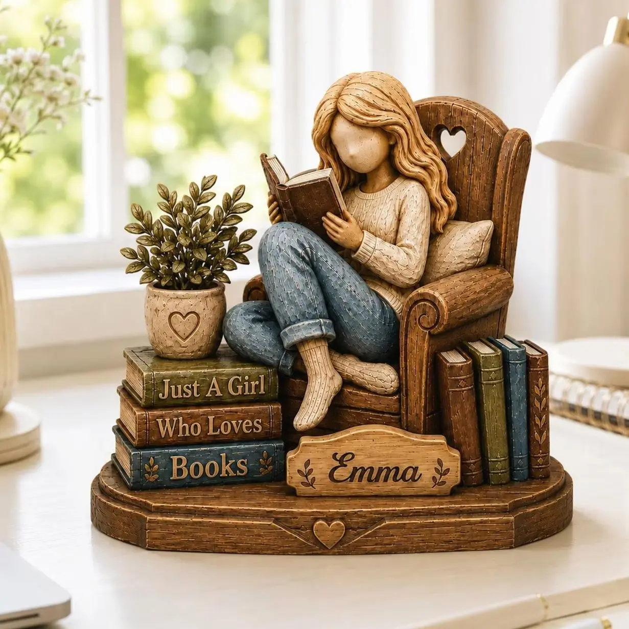 Personalized Book Lover Wooden Figurine, Custom Name Reading Girl Desk Decor, Bookshelf Decor, Gift for Reader Women
