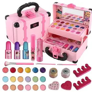 Makeup Toy Set, Washable Cosmetic Kit with Eyeshadow Lipstick Blush Nail Polish, Portable Storage Box, Perfect Gift for Christmas Easter Birthday Party, Kids Vanity