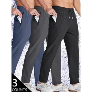 Men's 3-Pack Quick Dry Jogger Pants - Black, Grey & Navy Blue - Elastic Waist with Drawstring, Zipper Side Pockets, Tapered Fit - Lightweight Fabric - Perfect for Running, Gym, Outdoor Activities - S-4XL Sizes