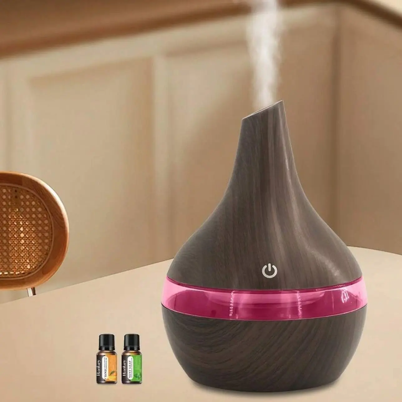 Send 2 Oils,300ml Wood Grain Ultrasonic Humidifier & Essential Oil Diffuser, Quiet For Home Office Desk