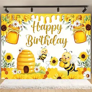 Happy Birthday Honeycomb Bee Pattern Backdrop, 1 Count Colorful Sunflower Bee Birthday Background Banner, Wall Decoration for Birthday Party, Ornaments, Party Decorations Banners