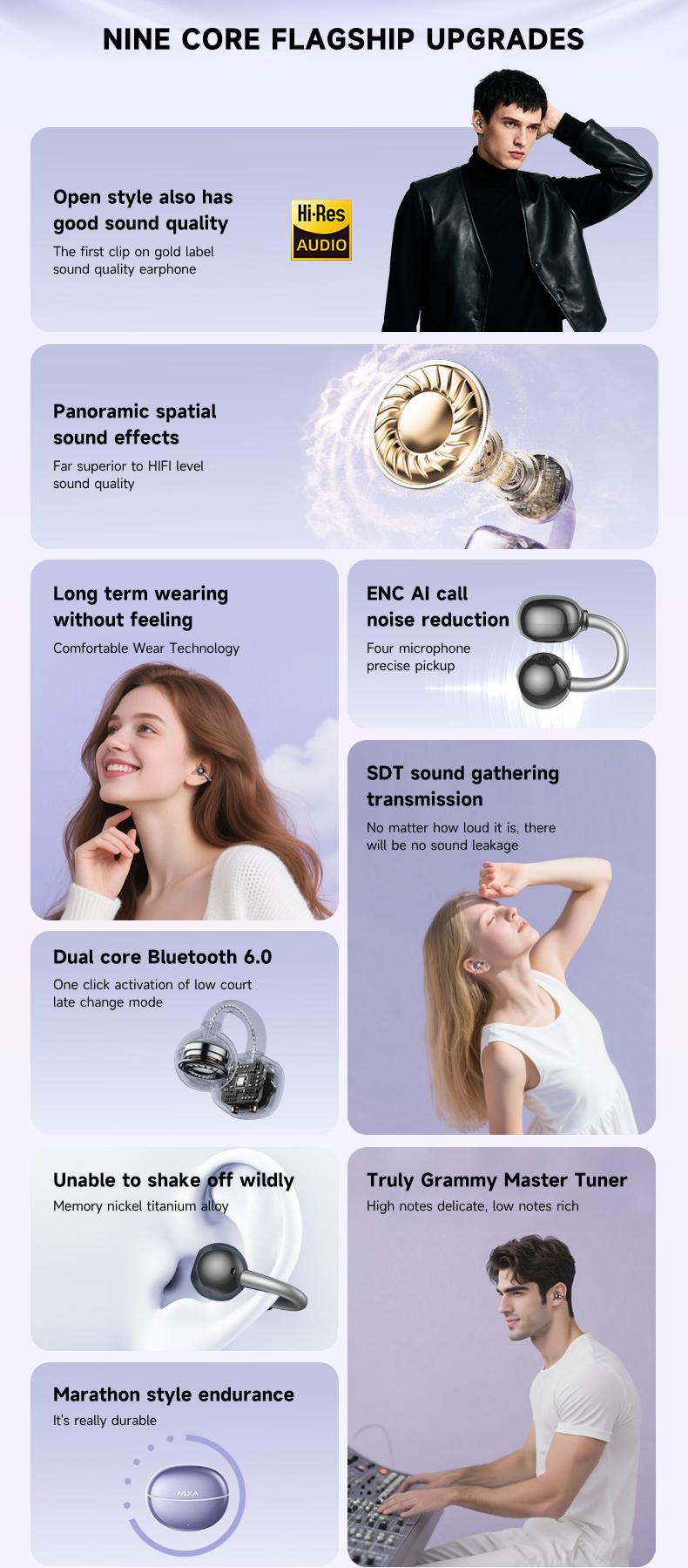 PAXA C08 Clip On Wireless Headphones with 2025 Bluetooth 6.0 for Faster, Stable Connection & Low Power Use, DT6.0 Pulse Directional Tech, 360° ACS Panoramic Sound, IPX5 Waterproof Audio Earbuds for Music & Calls, Comfortable for Sports