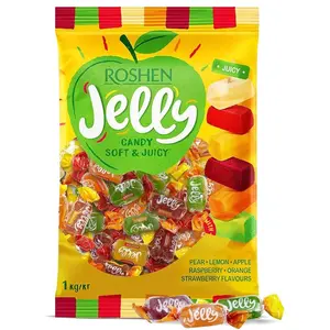 Roshen Jelly Candy, Mixed Fruit, 2.2 lb (1kg) Bulk Pack, Soft Fruit Jellies with Crystalline Sugar in Pear, Apple, Orange, Lemon, Strawberry & Raspberry Flavors, Individually Wrapped Gems, Pectin-Based, Kosher, Halal