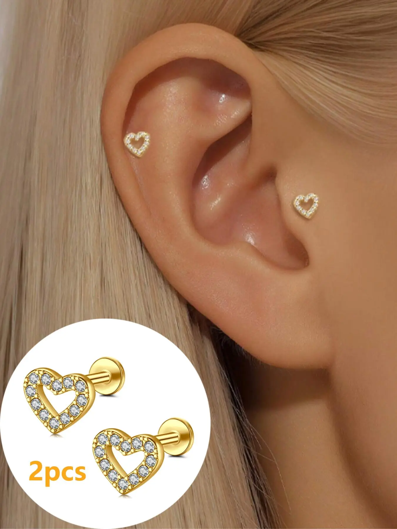 2pcs Heart CZ Stud Earrings Flat Back - Stainless Steels 16G Internal Thread Earring Stud 20G Push Pin Nose Stud Lip Rings Cartilage Earrings Hypoallergenic Tragus Helix Conch Medusa Lip Labret Piercing Jewelry Piercing Earrings Studs 8mm Body Piercings