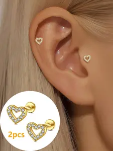 2pcs Heart CZ Stud Earrings Flat Back - Stainless Steels 16G Internal Thread Earring Stud 20G Push Pin Nose Stud Lip Rings Cartilage Earrings Hypoallergenic Tragus Helix Conch Medusa Lip Labret Piercing Jewelry 8mm Body Piercings