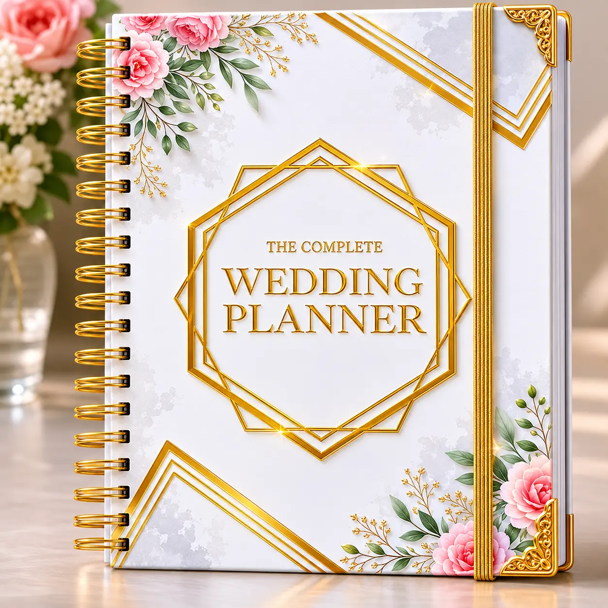 Wedding Planner with Gold Foil Stamping and Floral Design, 10" x 11.7", Hardcover with 4 Gold Metal Corners, 120gsm Offset Paper, Lay Flat Binding