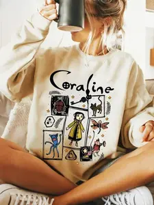 Cartoon Coraline Graphic Print Crew Neck Sweatshirt, Casual Long Sleeve Pullover, Fall & Winter Clothes for Daily Wear, Go Out Tops, Trending Clothing