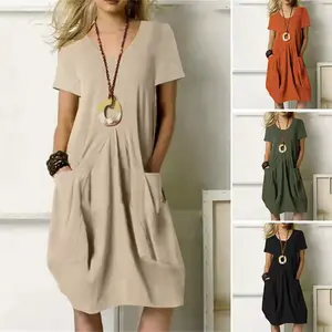 Women's new summer dress, cotton-linen solid color loose-fitting round-neck short-sleeve dress, fashionable and elegant long dress for women