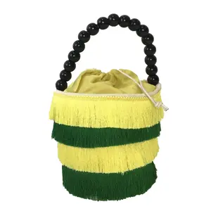 Fashion Culture Women's Striped Fringe Beaded Top Handle Mini Bucket Bag - Yellow/Green, Drawstring Close, Mini Buckets