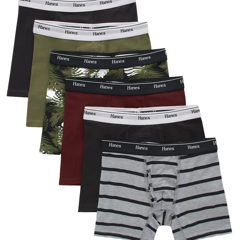Hanes Originals Boys' Tween Boxer Briefs Pack, Olive Palm Print & Assorted, 6-Pack
