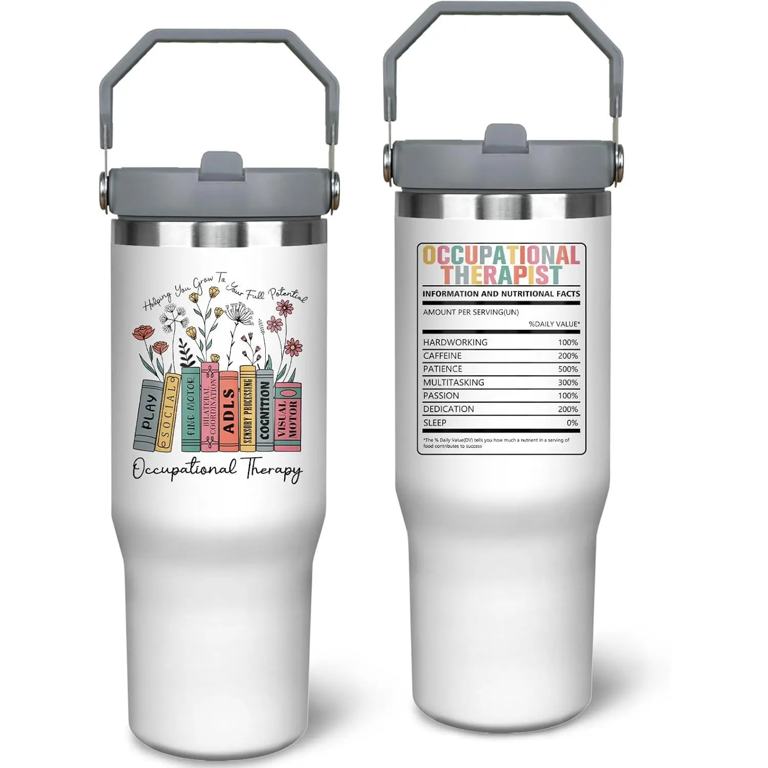 30oz Stainless Steel Thermal Insulated OT Tumbler Water Bottle - Leakproof, Portable Kitchen Drinkware with Handle, Lid, Straw, OT Print, Indoor Use, Stylish Occupational Therapy Gift for Adult Therapists (Thanksgiving, Birthday), Insulation, Coffee, Larg