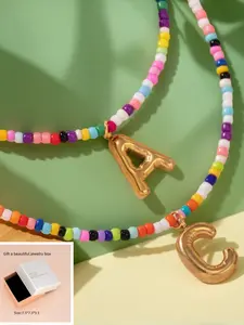 Initial Pendant Beaded Necklace, Fashion Colorful Beaded Personalized Initial Fashion Charm Girls Necklace, Fashionable and Versatile Exquisite Birthday Gift Jewelry, Boho Style Necklace with Exquisite Gift Box