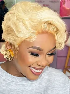 Human Hair Blonde Color 613 Short Wavy 13x1 T Part Lace Front Wig, Lace Frontal Wig, Fashion Style Pixie Cut, Natural Curly, Women's Daily Wear