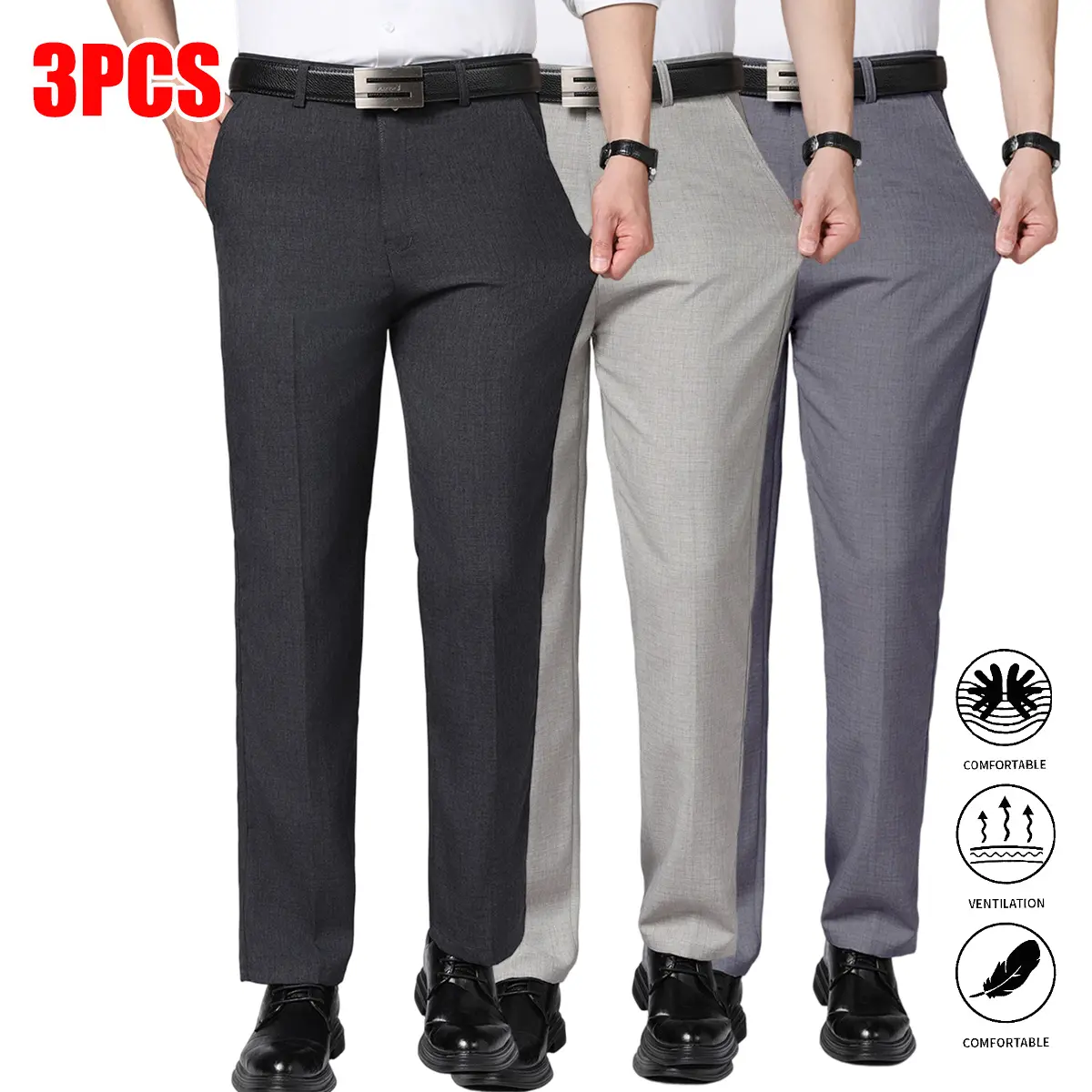 3-pack men’s casual pants, solid color, suitable for office and everyday wear; men’s dress pants, men’s long pants, men’s trousers, business pants