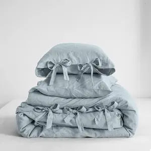 Linen Duvet Cover Set, 3 count Belgian Flax Breathable Bedding,  Size 104''x92'' (1 Comforter Cover+2 Pillowshams) with Tie Closure Style,Dusty Blue
