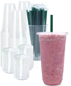 50Pack 32oz Thicker Clear Plastic Cups with Lids and Thicker Straws with Paper-wrapped Disposable Drinking Cups for Cold Drinks, Iced Coffee, Milkshakes, Smoothies