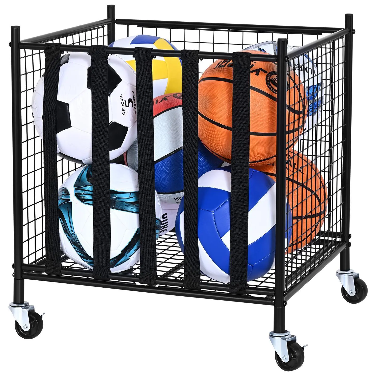 【Summerfinds】VEVOR Durable Multifunctional Rolling Sports Ball Storage Cart, Lockable Basketball Cage with Elastic Straps, Stable Steel Sport Equipment Holder Organizer for Garage, Indoor Outdoor Use, Facilitating Retrieval, No
