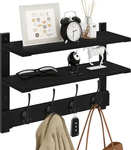 Coat Rack Wall Mount, 2 Tier Wall Shelf with Hooks, 17" Wooden Coat Hanger with Shelf Entryway Key Holder, Floating Shelves for  Hats  Towels Jackets Purse Backpack, Black