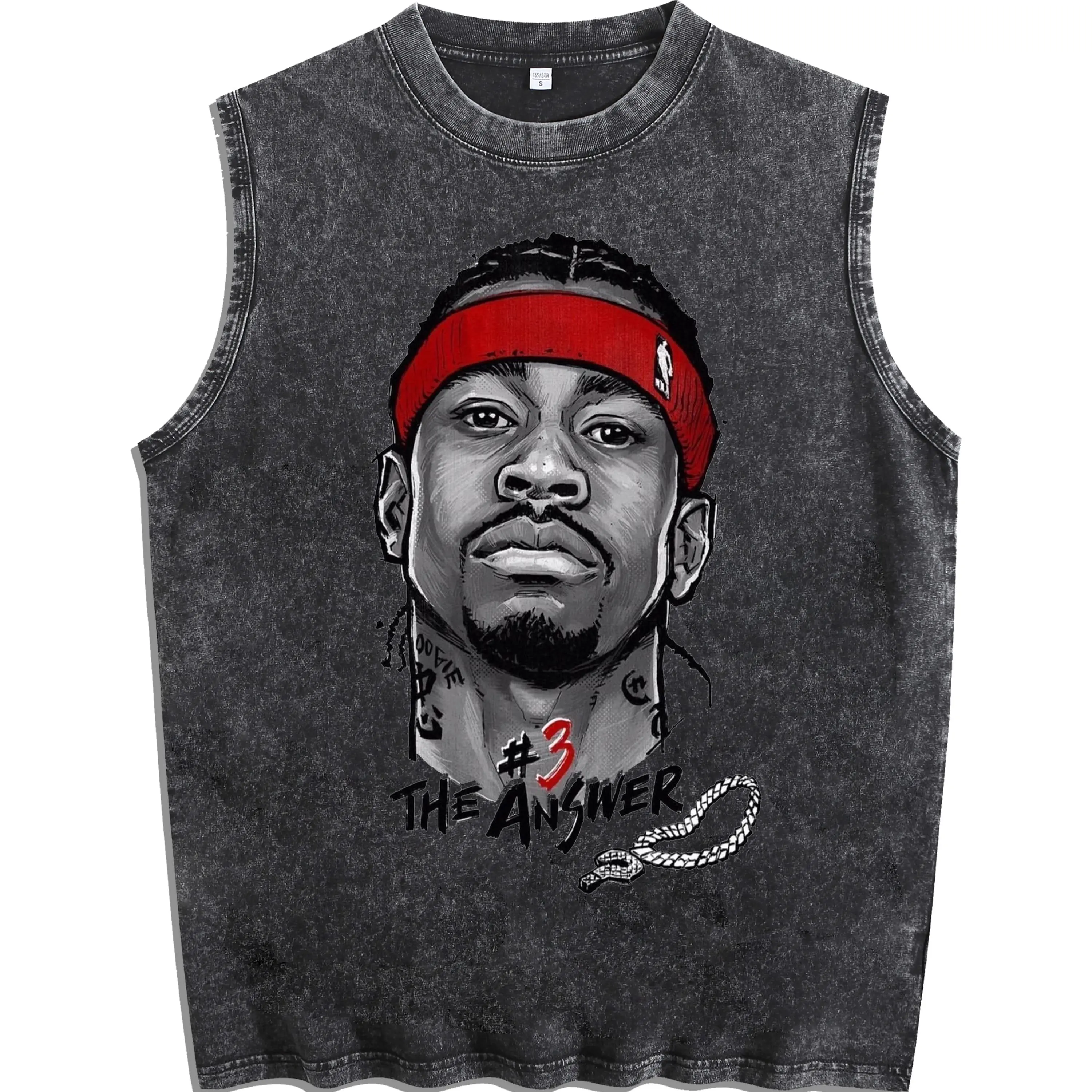 Vintage Iverson #3 "The Answer" Graphic BIG FACE GRAPHIC washed vest Acid Wash Sleeveless Tee - Boxy Fit Streetwear Tank Top, Enhanced Durability & Quick-Dry Tech campingessentials