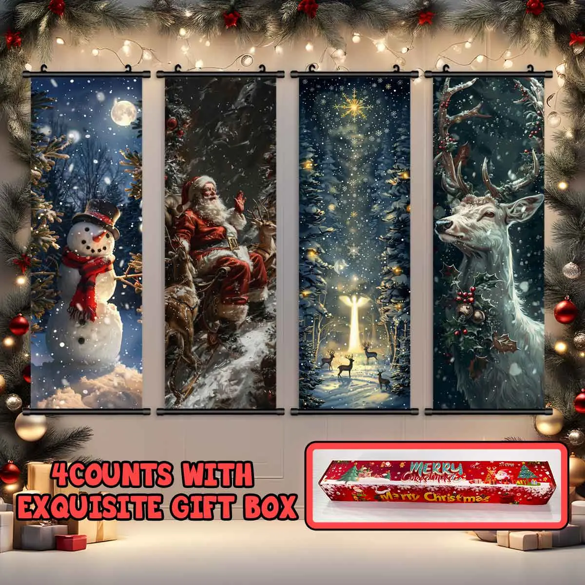 4-Piece Christmas Wall Art Set, Santa Claus & Snowman Design, Modern Home Decor Posters, Waterproof HD Prints, Gift Box Included