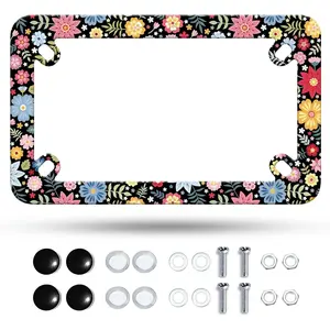 Motorcycle Folk Art Flowers License Plate Frame Colorful Floral Stainless Steel Material Funny Motorbike License Plate Holder Motorcycle Accessories 7 "X 4" Inch
