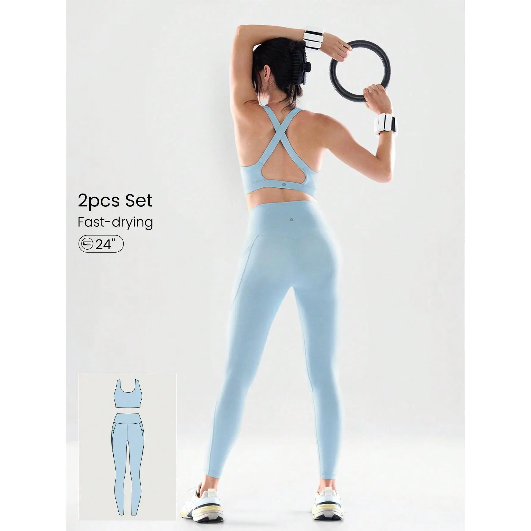 GLOWMODE 2pcs Powersculpt Flex Your Fit Sweat-Wicking Cool Feel Crisscross Back Wide Straps Sports Bra & 24" Leggings Set High Impact Workout Running Training Removable Cups Spring Summer