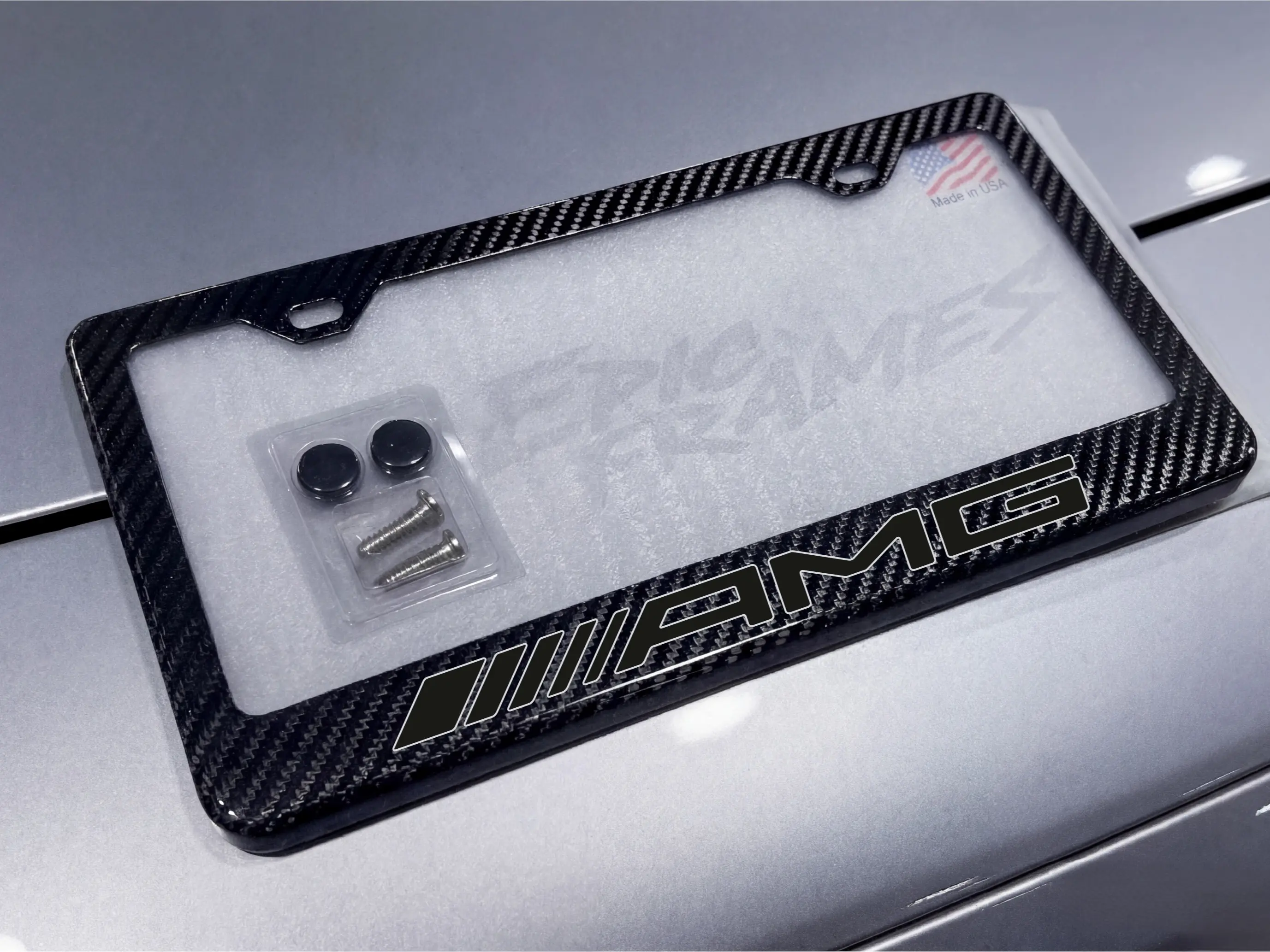 Black  on Black / White Outlines AMG License Plate Frame 100% Real Carbon Fiber