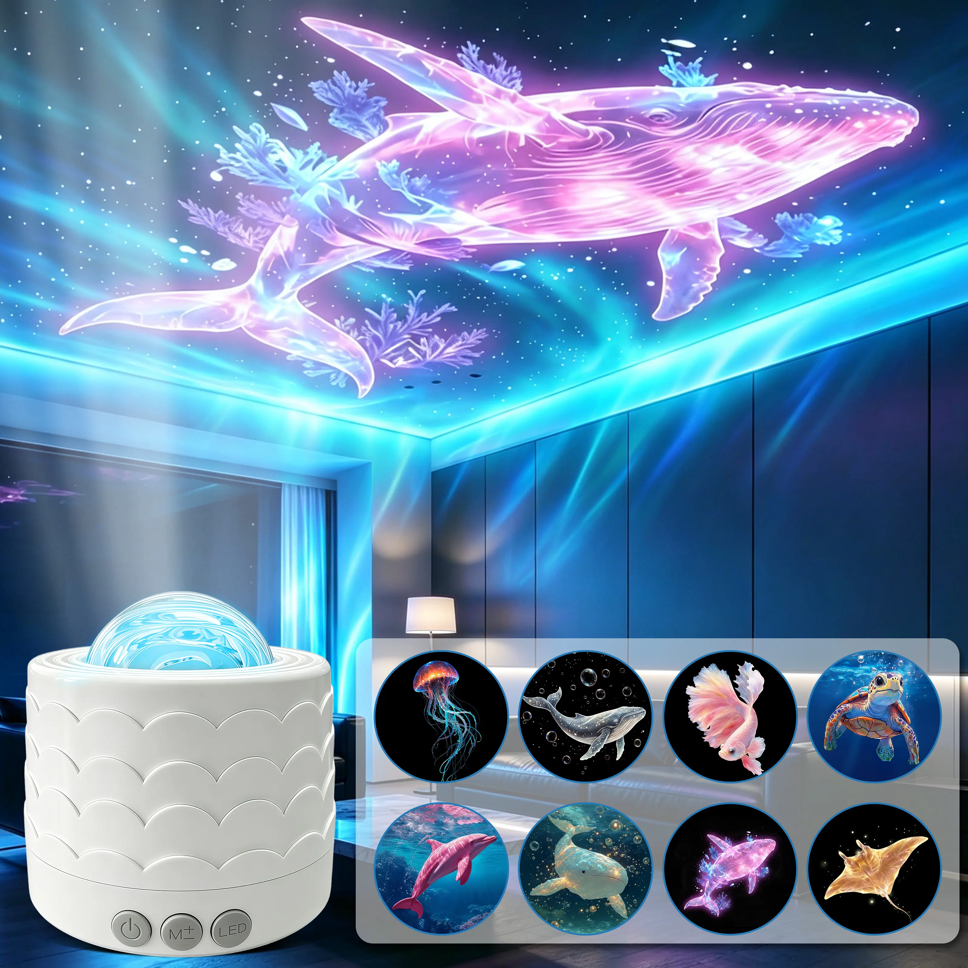 Aquarium Projector with Whale Design - LED Light for Room Ambiance - Multiple Marine Life Patterns - Perfect for Relaxation and Decor Audio Space